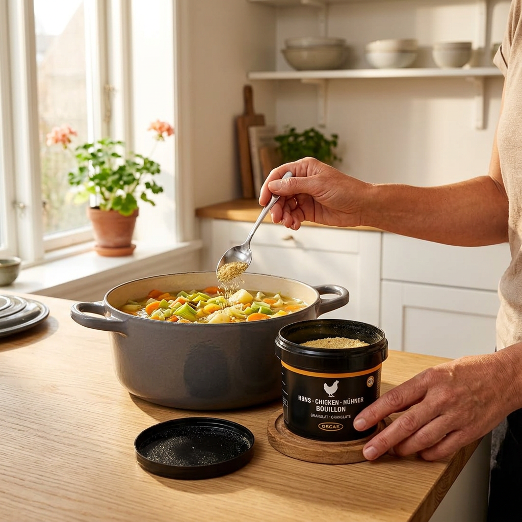 Hønsebouillongranulat tilsættes en gryde med grøntsagssuppe