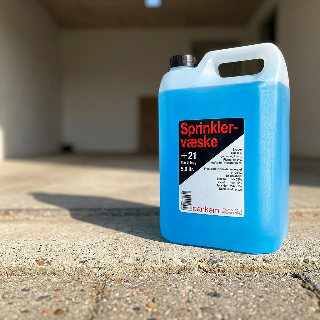5-litersdunk med Dankemi sprinklervæske ved en solbeskinnet garage