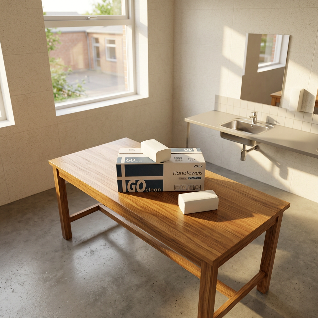 GO Clean 2032 håndklædeark på servicebord i lyst håndvaskerum
