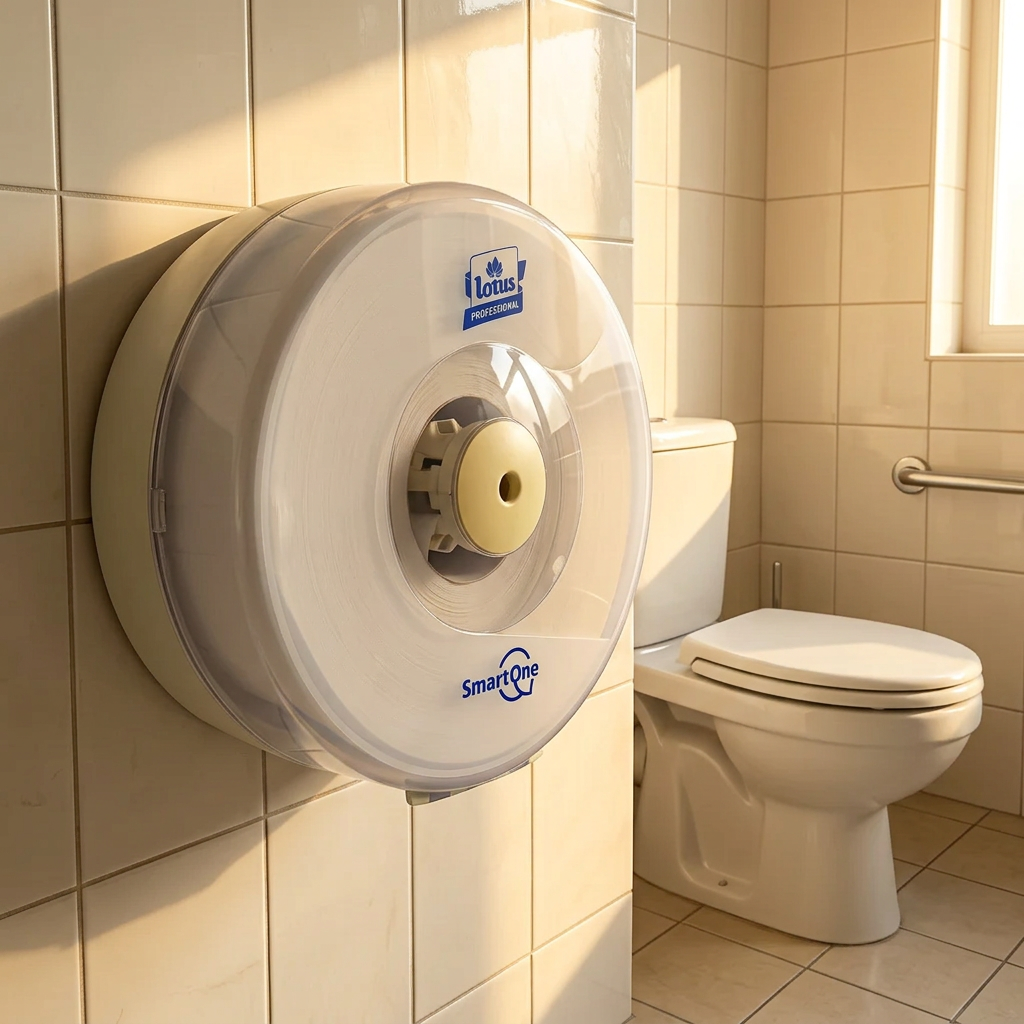 Hvid Lotus SmartOne Mini T9-dispenser i et solbelyst toiletrum