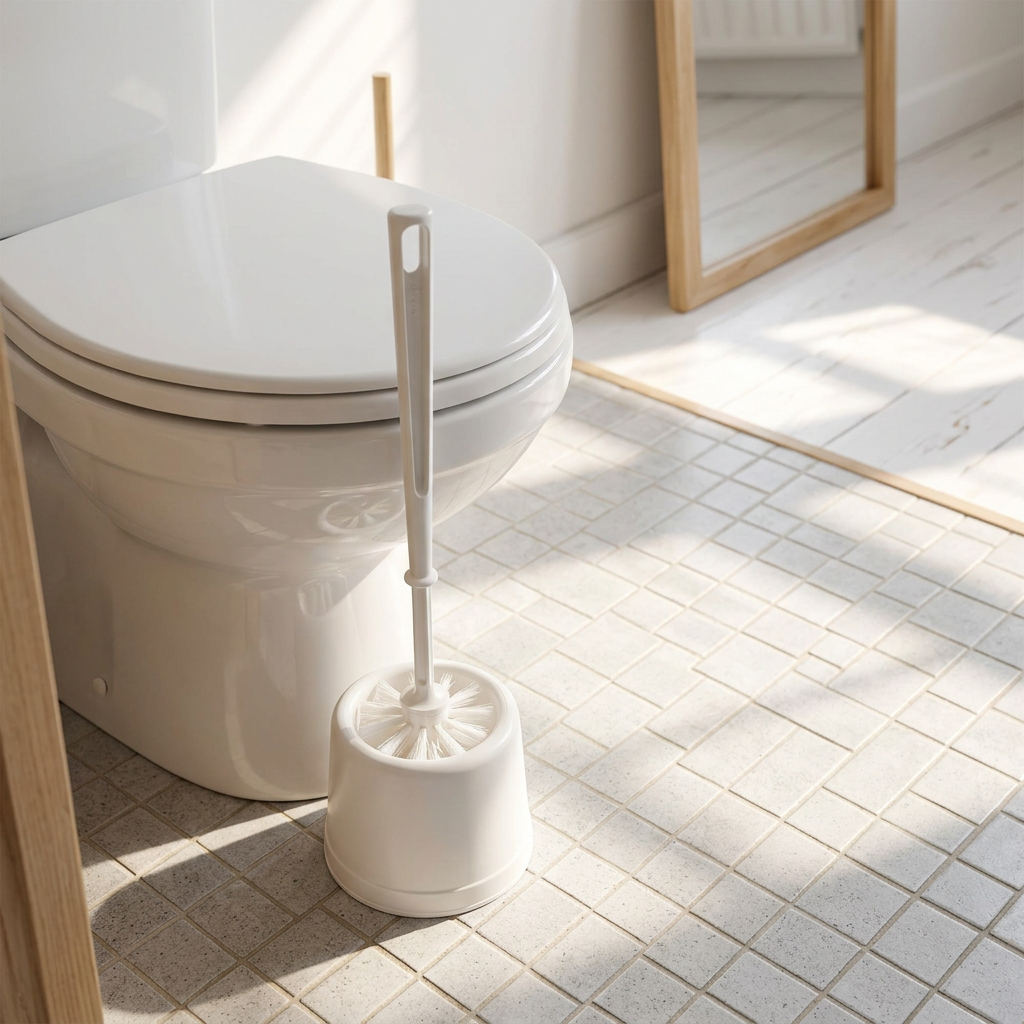 Hvid Basic-toiletbørste med skål i solrigt gæstebadeværelse, stemningsbillede
