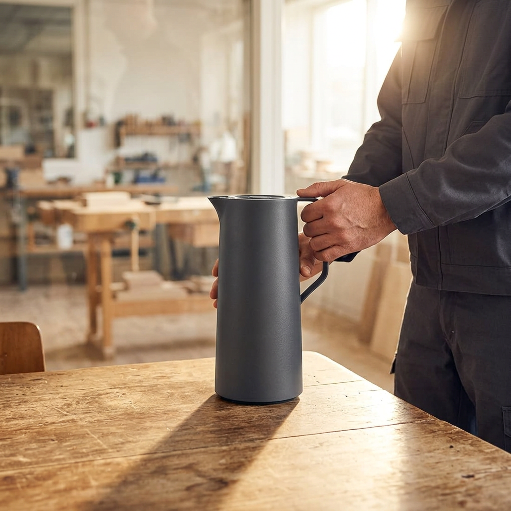 Medarbejder stiller Tefal Motiva termokande på bord i solrigt pauserum
