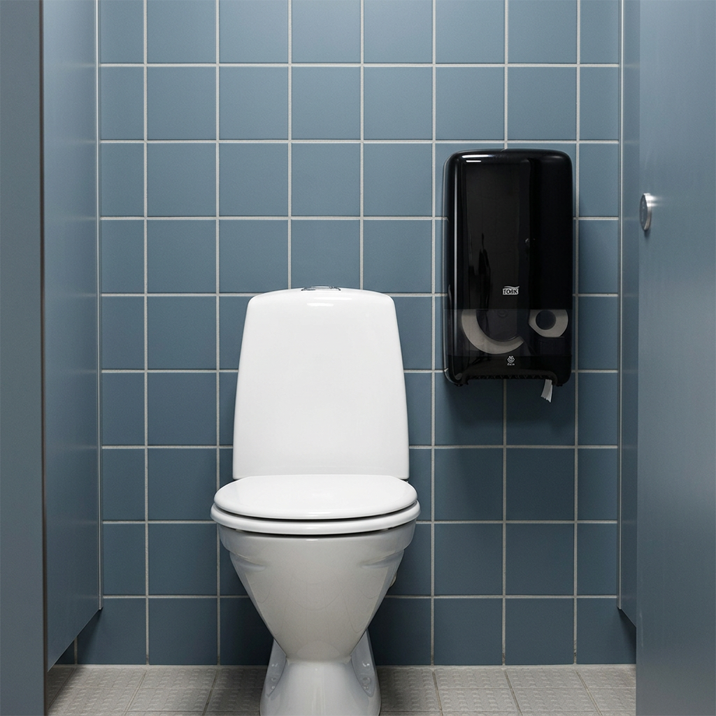Sort Tork T6 Twin-dispenser ved toilet på blågrå flisevæg