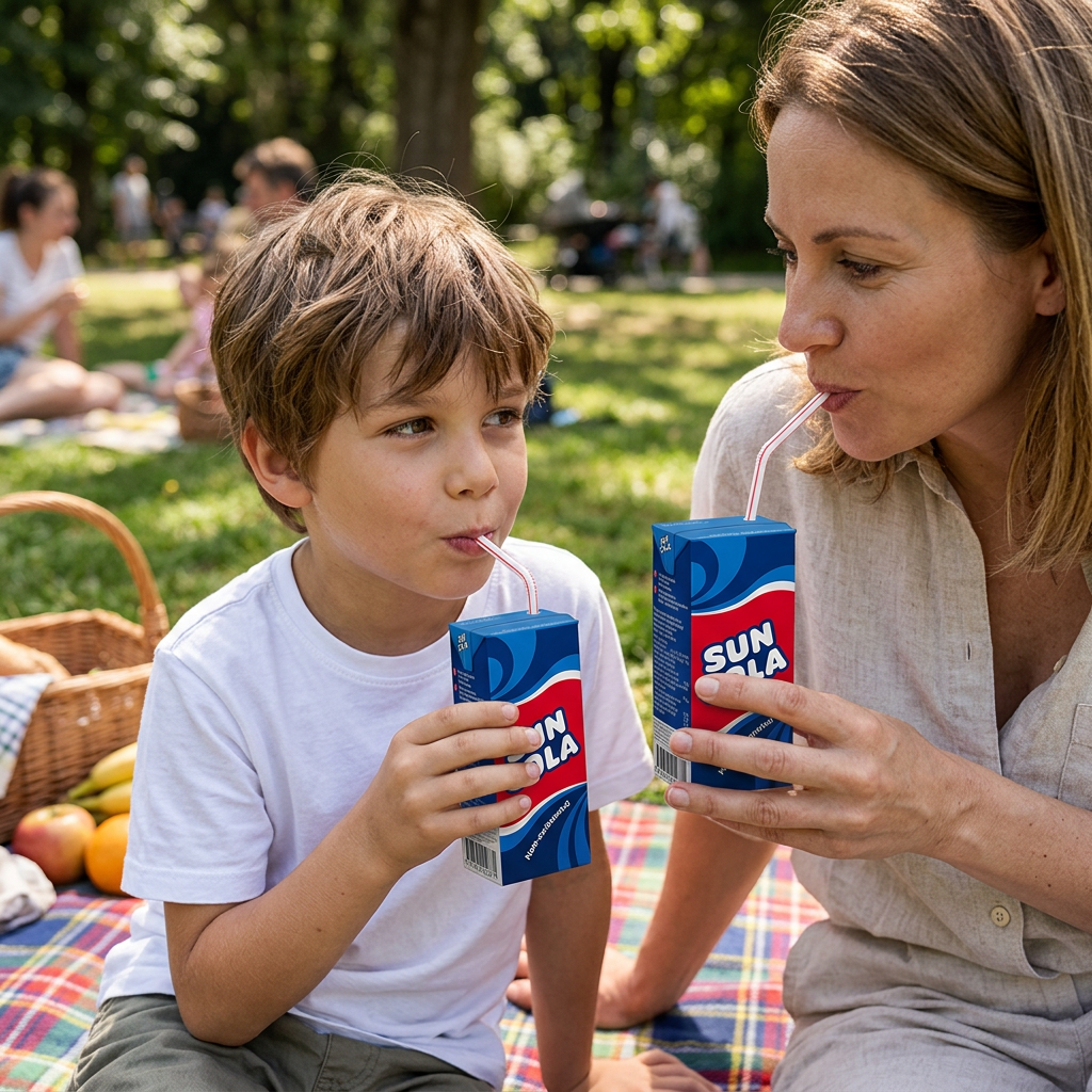 Mor og barn drikker Suncola på picnic