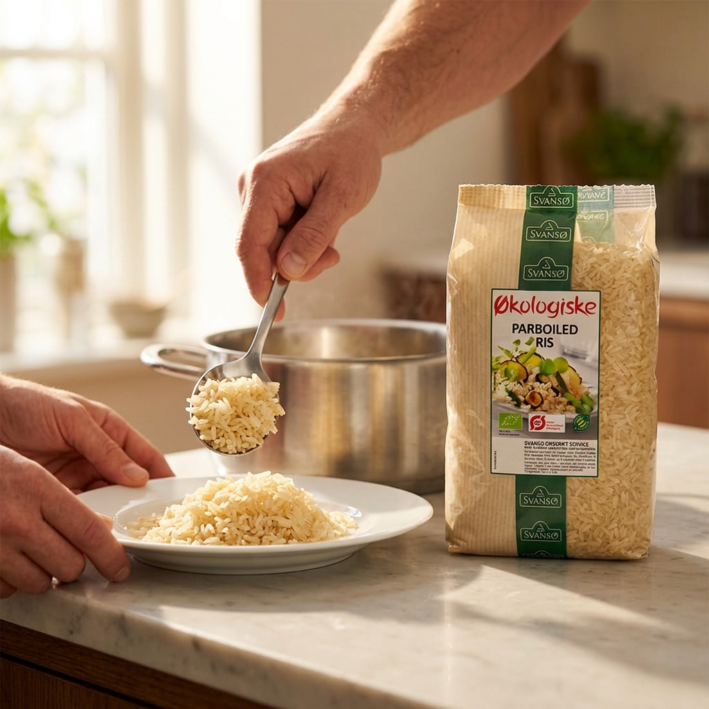 Kogte parboiled ris serveres på en tallerken