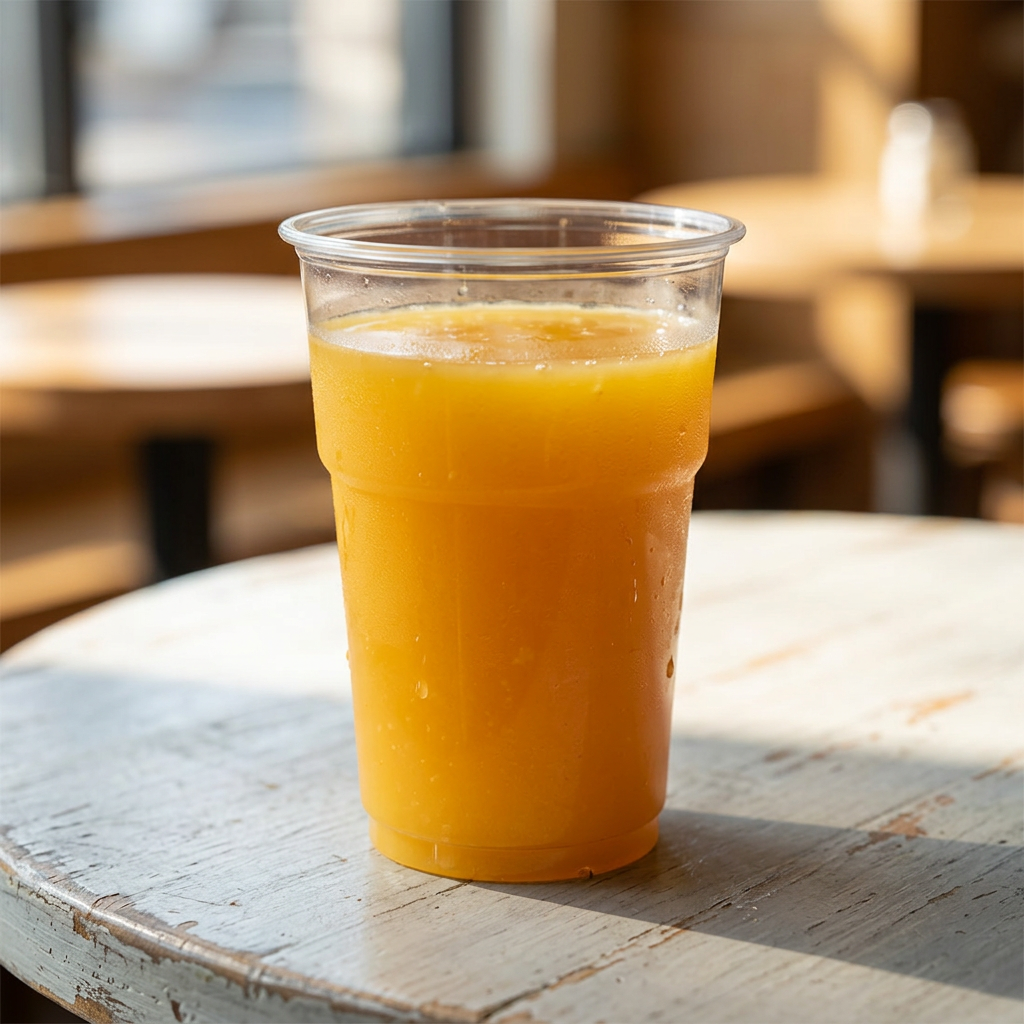 Klart plastglas med juice på et cafébord