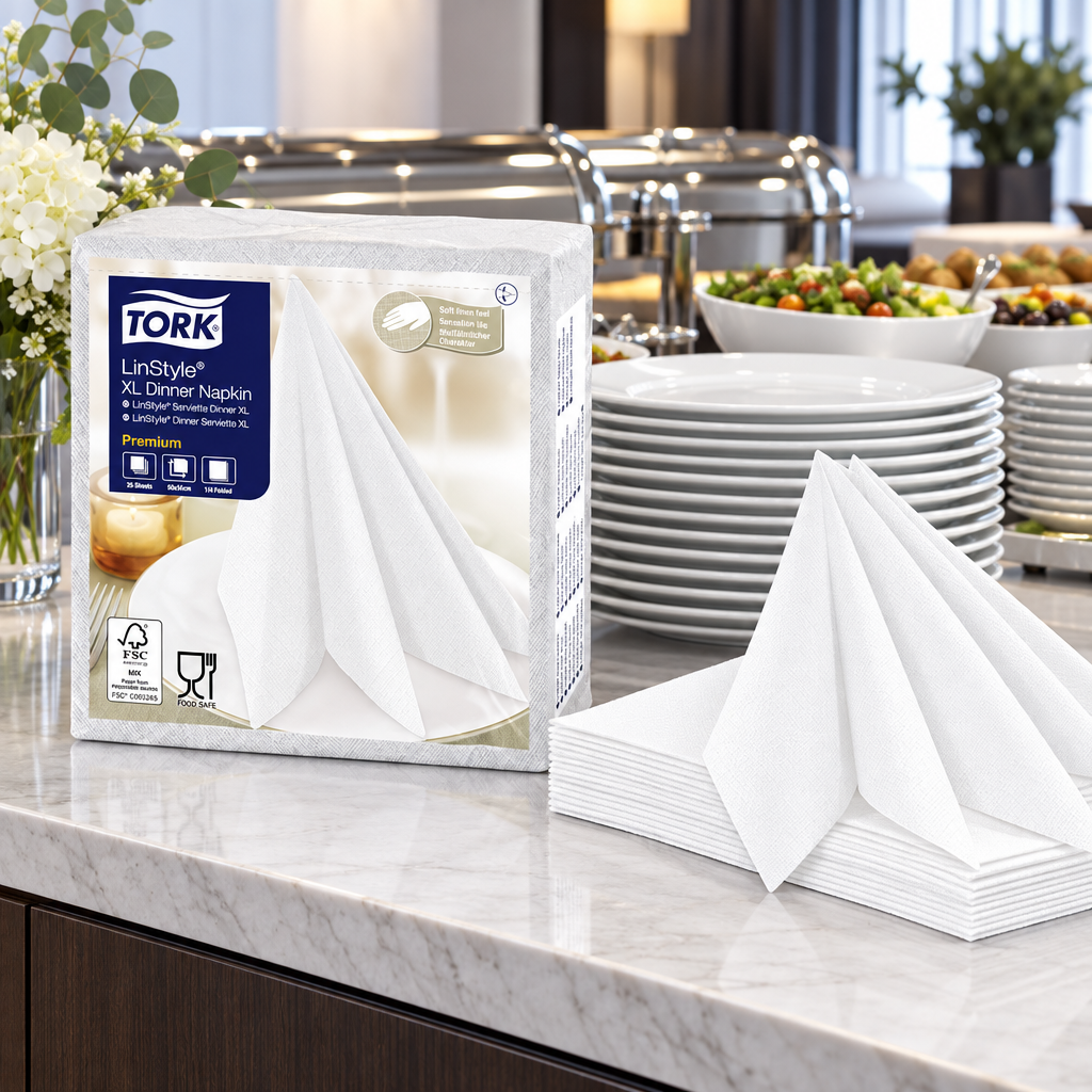Tork LinStyle-servietter ved buffet med tallerkener