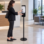 Sort gulvstander i brug ved reception med separat dispenser
