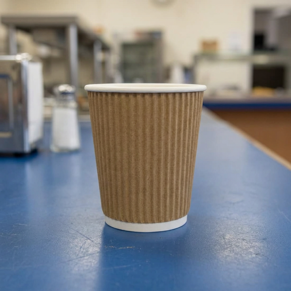 Brunt Ripple-Wrap kaffebæger 24 cl på blå bordplade i kantine