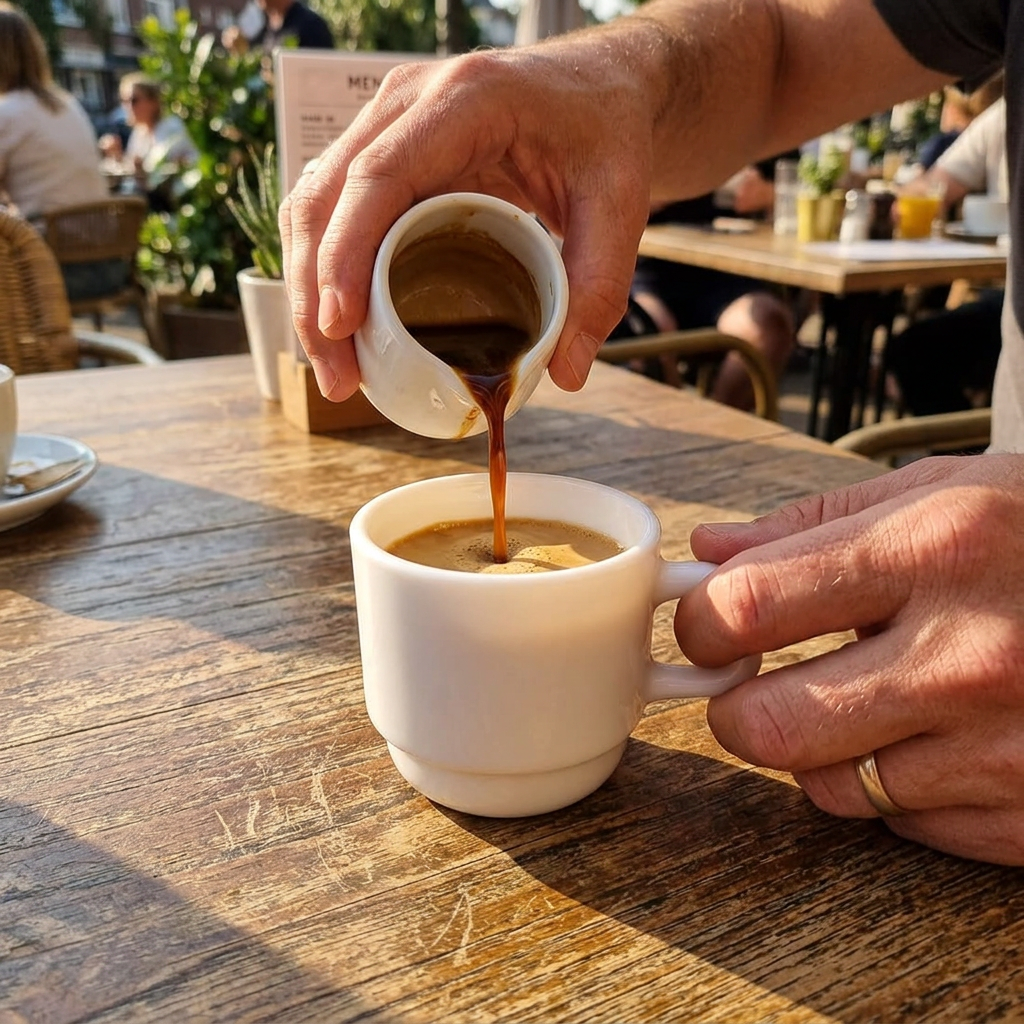 Kaffe hældes i en lille hvid kop med hank