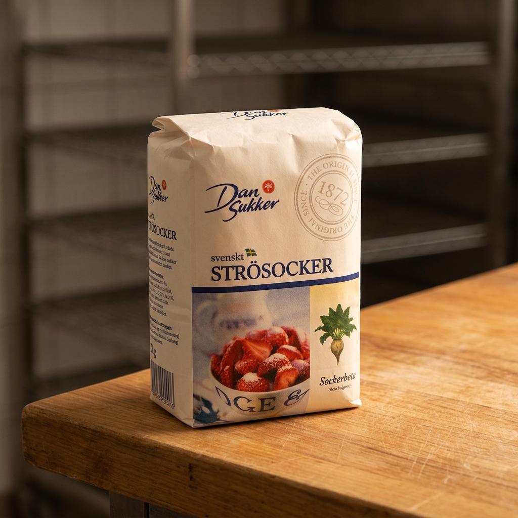 Dansukker sukker 2 kg set skråt fra siden på træbord i bagekøkken