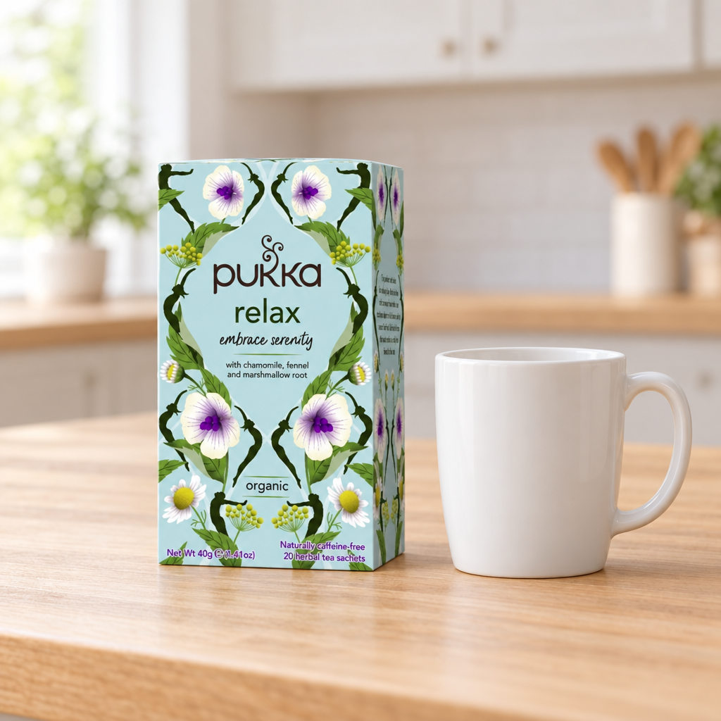 Pukka Relax økologisk urtete på en træbordplade ved siden af et hvidt krus