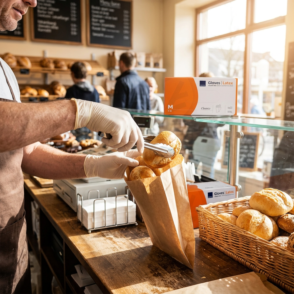 Voksen med naturfarvede latexhandsker pakker brød med tang i solbelyst bageri, ABENA Classic M – stemningsbillede