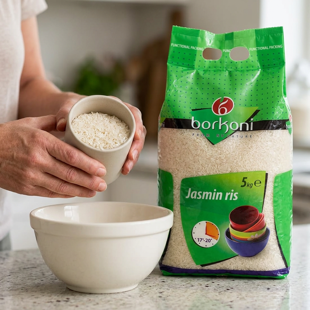 Jasminris afmåles i en kop ved siden af Borkoni-posen