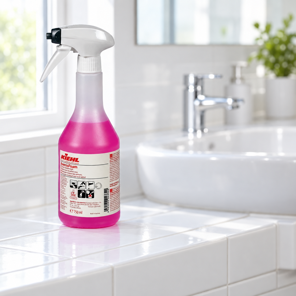 Kiehl AvenisFoam 750 ml på keramisk afsats ved håndvask i dagslys