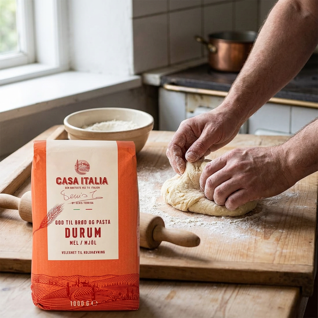 Pastadej æltes på et bord ved Casa Italia-durummel