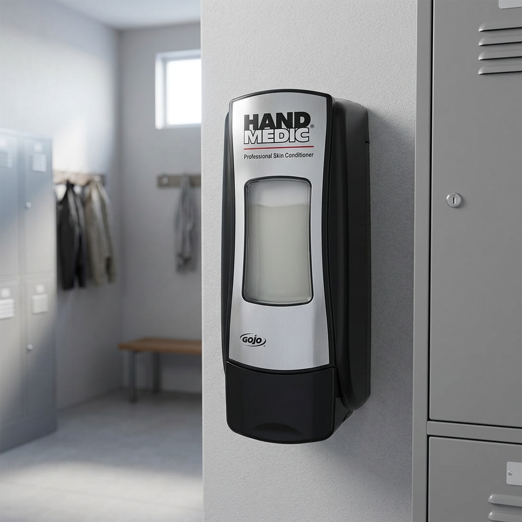 GOJO Hand Medic-dispenser i sort og krom ved garderobeskabe i personaleområde