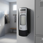 GOJO Hand Medic-dispenser i sort og krom ved garderobeskabe i personaleområde