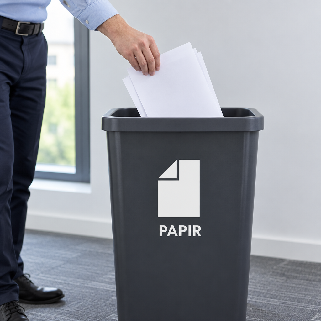 Person lægger papirark i beholder med hvidt PAPIR-piktogram uden baggrund