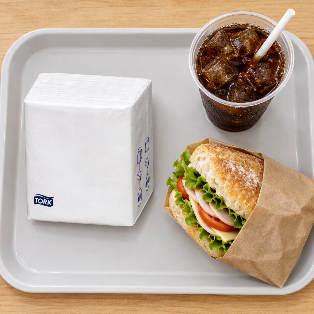 Tork snackservietter på frokostbakke med sandwich og drik