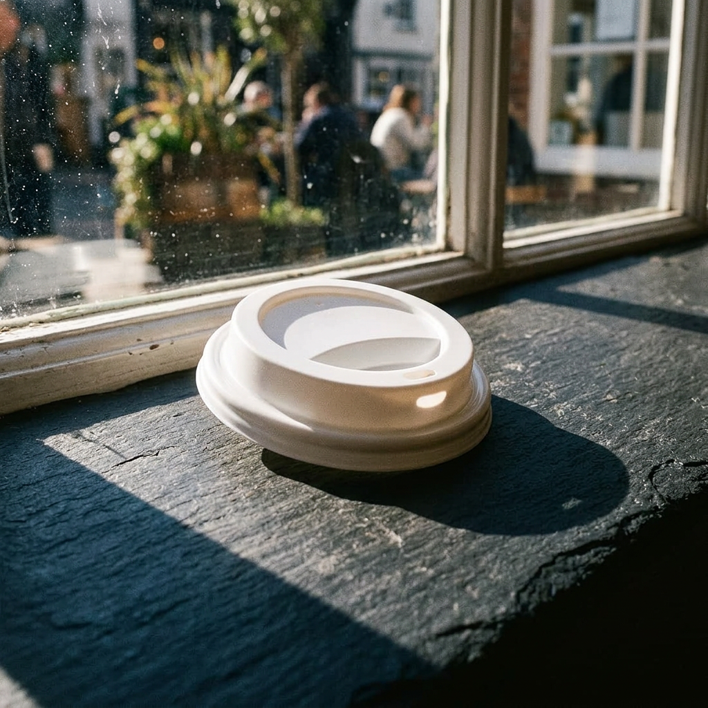 Hvidt drikkelåg på mørk vindueskarm i solbeskinnet café