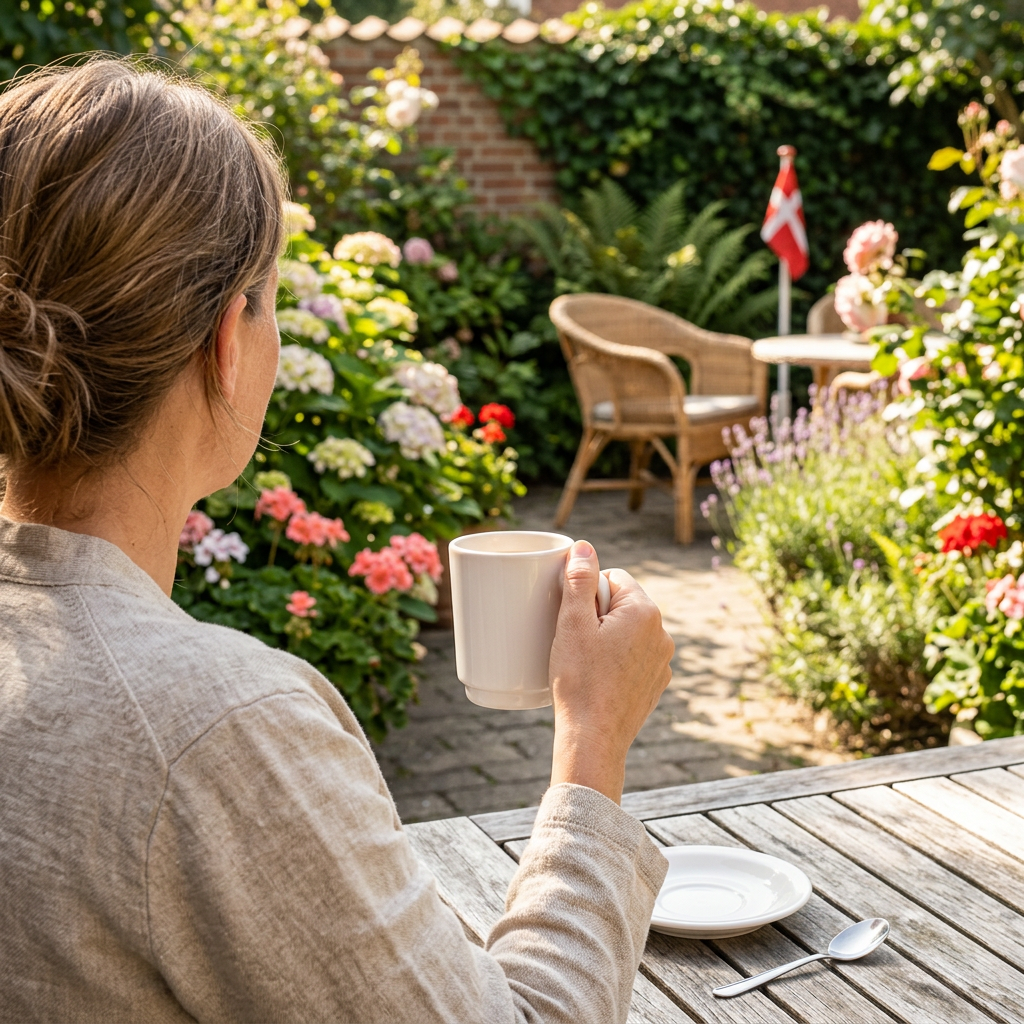 Voksen kvinde med hvidt krus under kaffepause i solrig have