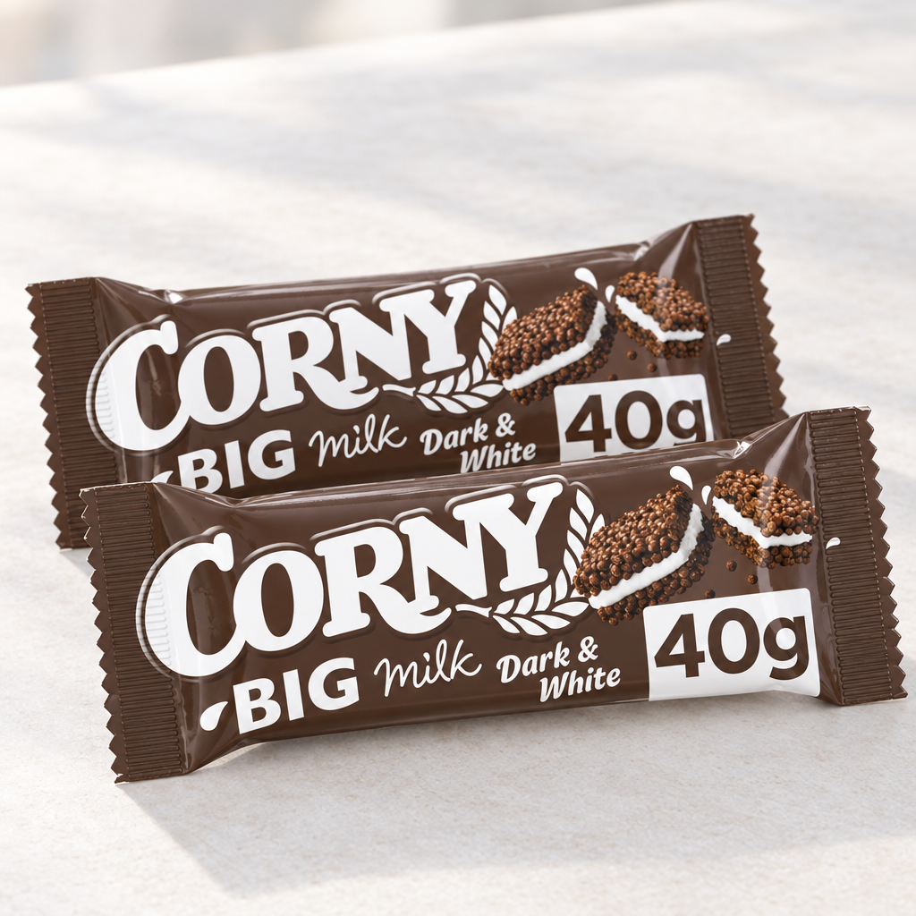 To individuelt indpakkede Corny Milk Dark & White müslibarer à 40 g, varenr. 8384