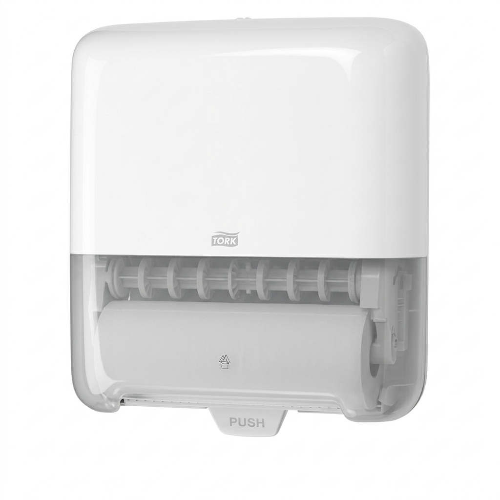 Hvid Tork Matic H1 551000 håndklæderulledispenser, produktfoto på hvid baggrund