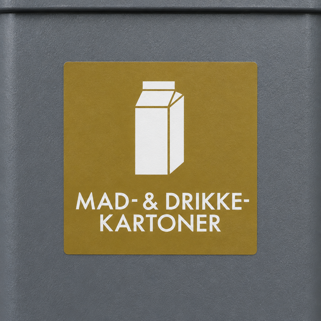 Detalje af brunt mærke med hvidt kartonsymbol og teksten MAD- & DRIKKE-KARTONER