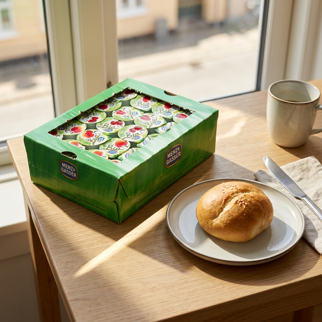 Portionsmarmelader på solbelyst morgenbord med bolle og kop, som ikke medfølger