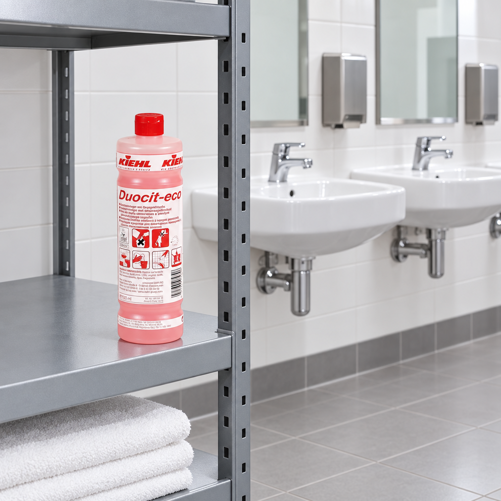 Kiehl Duocit-eco på hylde i fælles sanitetsrum, stemningsbillede