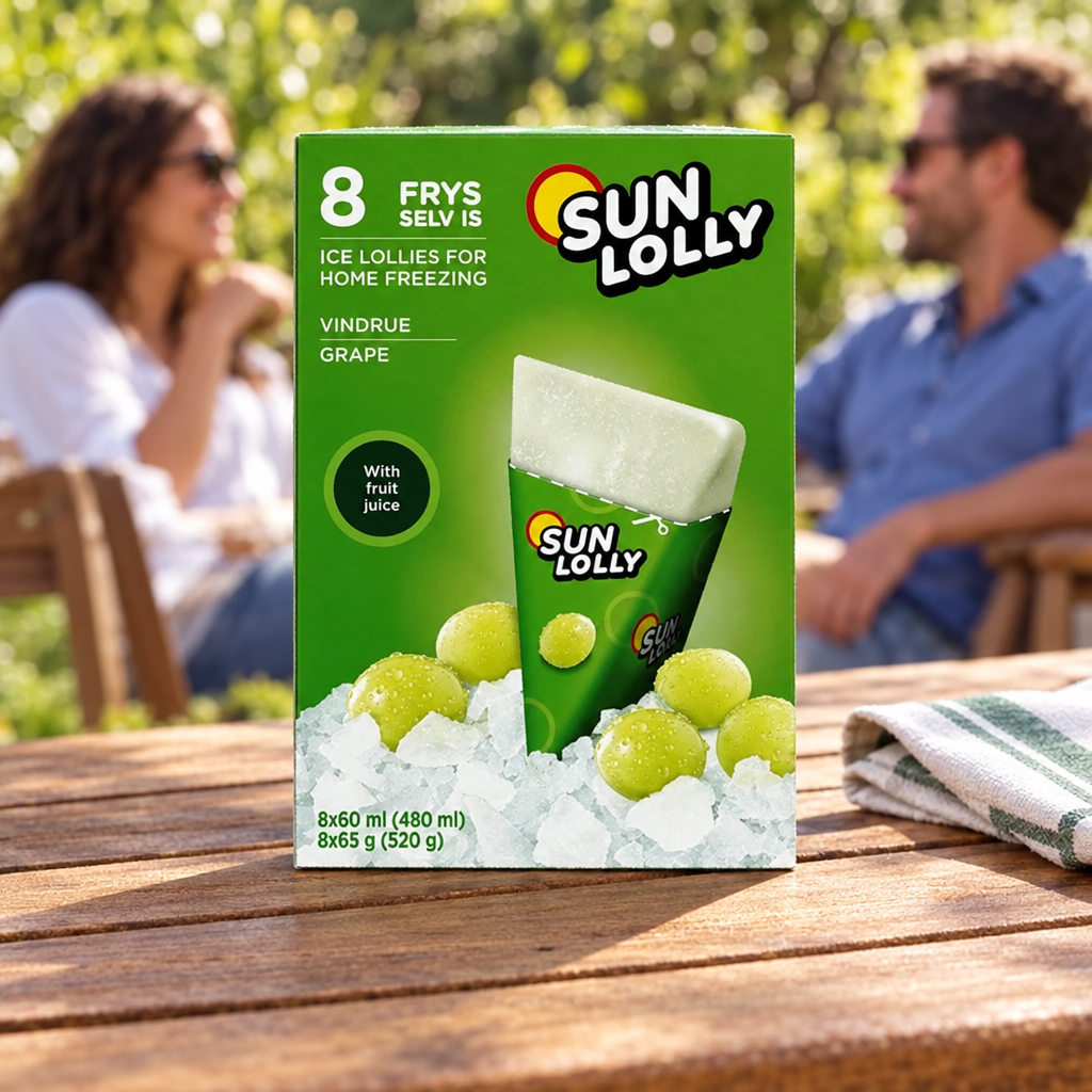 Grøn Sun Lolly Vindrue-æske på picnicbord med voksne i haven