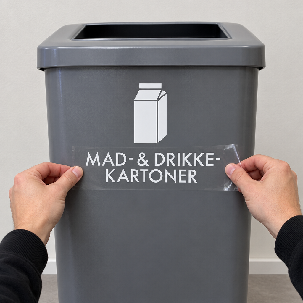 Montering af hvid mærkning til mad- og drikkekartoner på grå beholder
