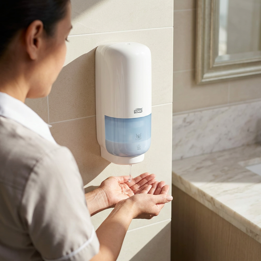 Voksen bruger hvid Tork S4 TouchFree 561600-dispenser uden at røre kabinettet