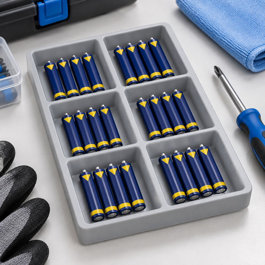Stemningsillustration af AAA-batterier i separate rum i en vedligeholdelsesbakke