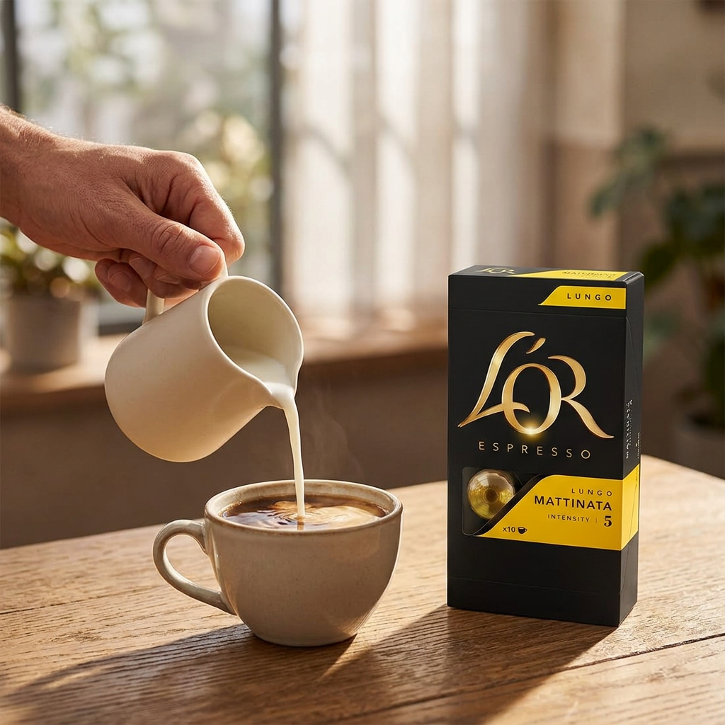 Mælk hældes i en kop kaffe ved siden af L’OR Mattinata 5