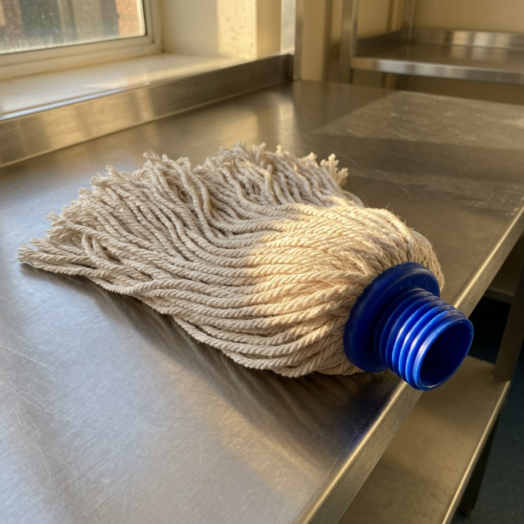 Basic moppehoved på hylde i skolens rengøringsrum med sollys, stemningsbillede