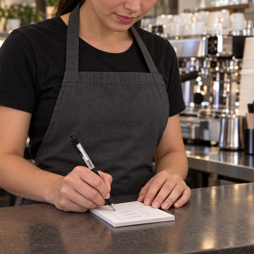 Cafémedarbejder skriver bestillingsnoter med en sort kuglepen ved en cafédisk