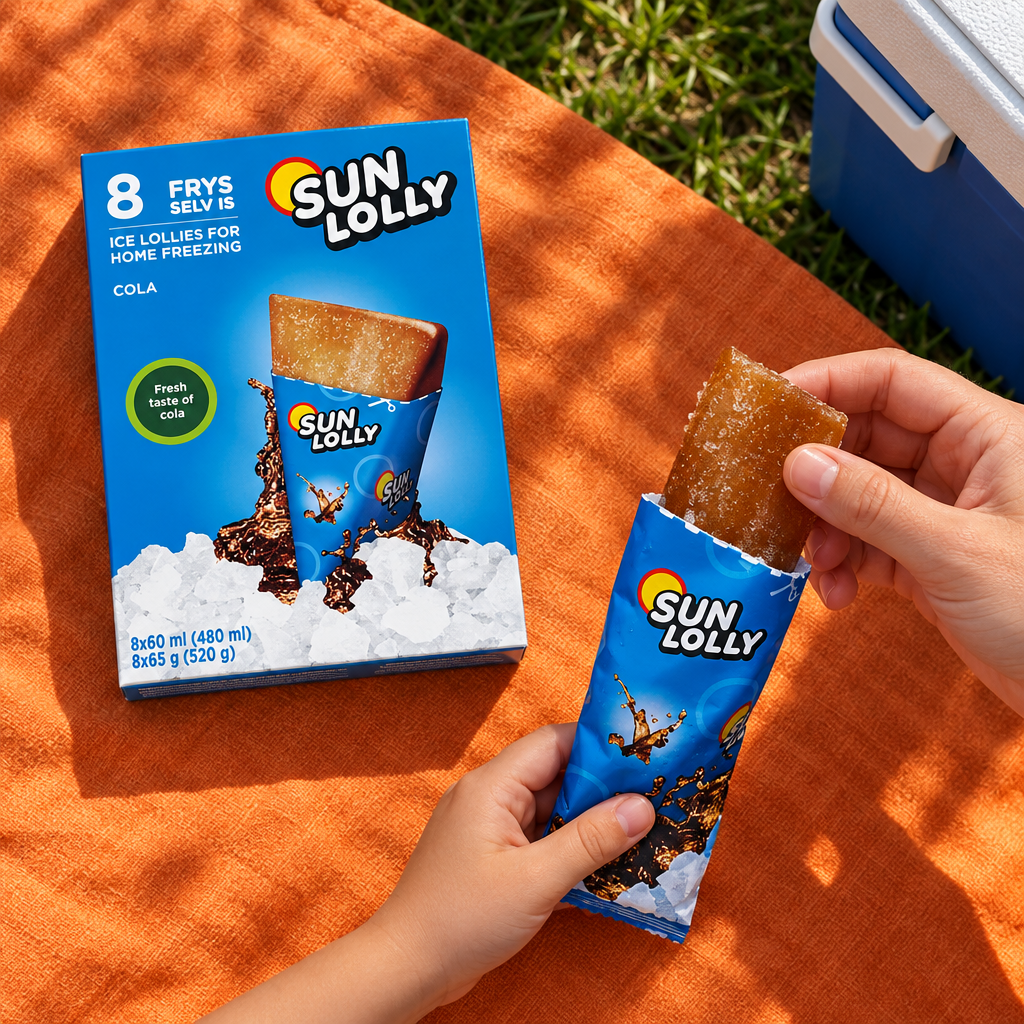 Sun Lolly Cola-æske og åbnet is på orange picnictæppe ved køleboks