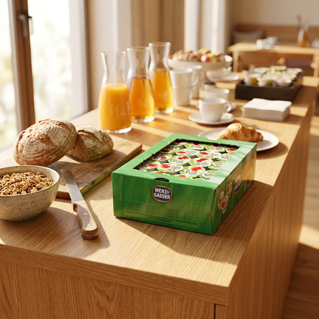 MENZ & GASSER portionsmarmelader på solbelyst morgenbuffet; brød og service medfølger ikke
