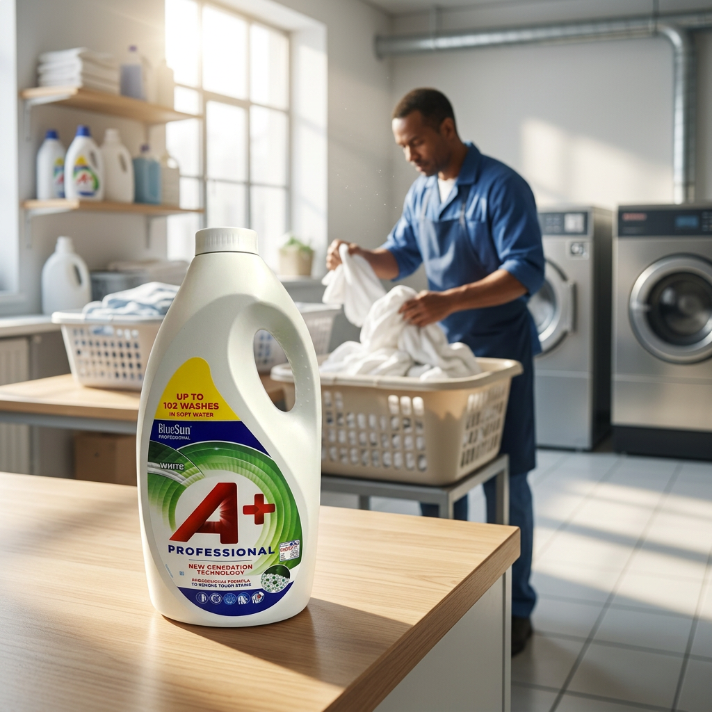 A+ Professional White ved arbejdsbord mens en medarbejder sorterer hvide tekstiler
