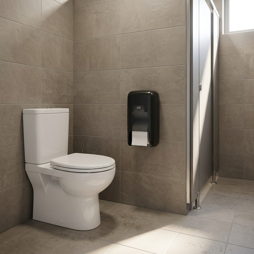 Sort Tork OptiServe dispenser på sportshallens sollyste toilet