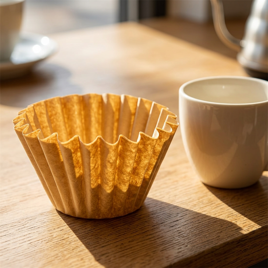 Ubleget skålfilter ved kaffekop på solbelyst bord; kop og øvrigt service medfølger ikke