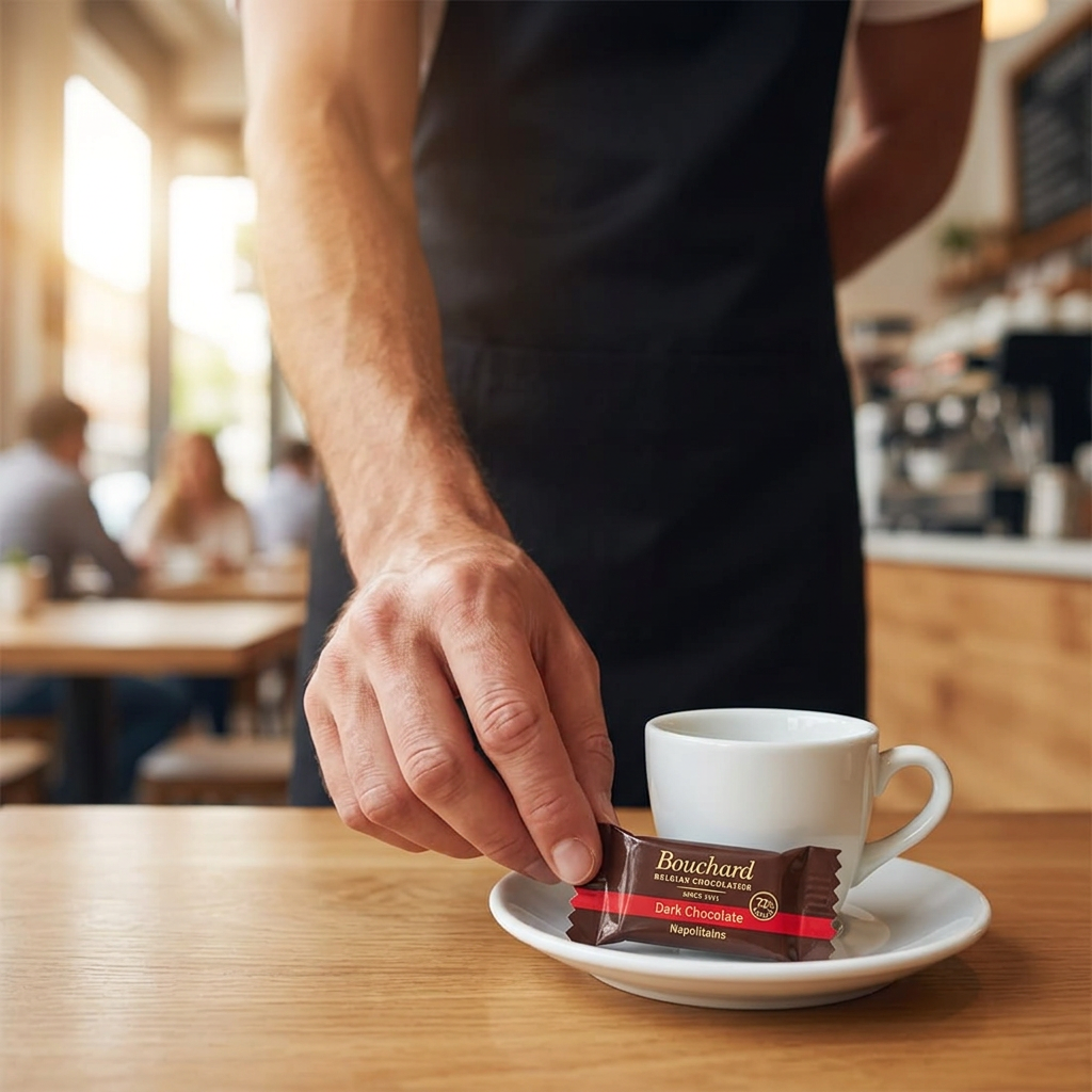 Voksen serverer Bouchard mørk kuvertchokolade ved kaffekop