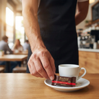Voksen serverer Bouchard mørk kuvertchokolade ved kaffekop