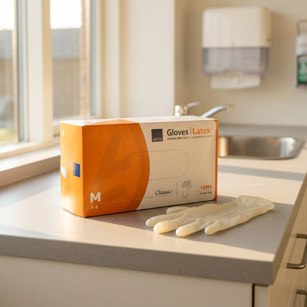 ABENA Classic M latexhandsker ved vask og hygiejnestation i sollys – stemningsbillede