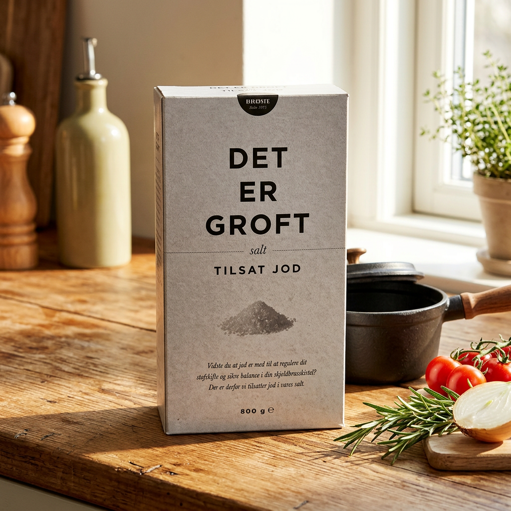 Brøste groft salt med jod ved køkkenets grøntsager og gryde i sollys