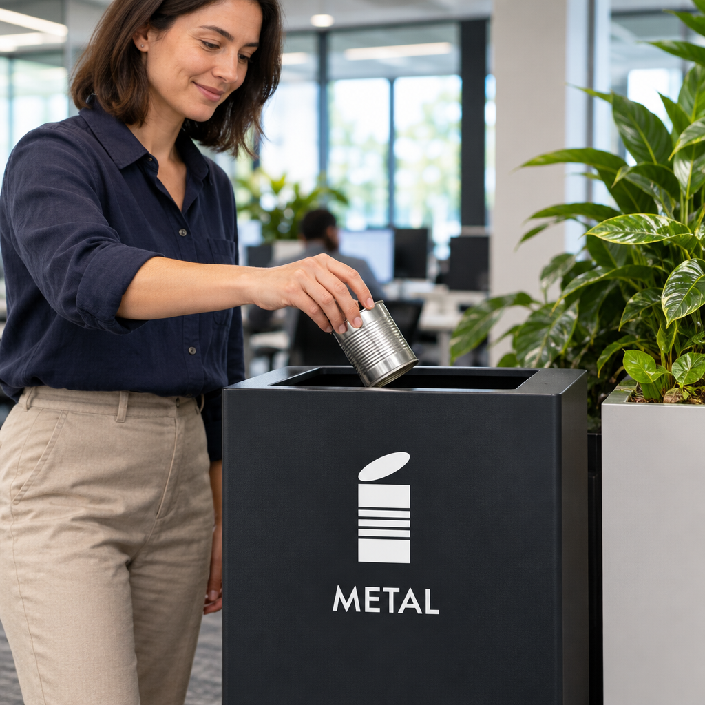 Person sorterer metaldåse i beholder med hvid metalmærkning