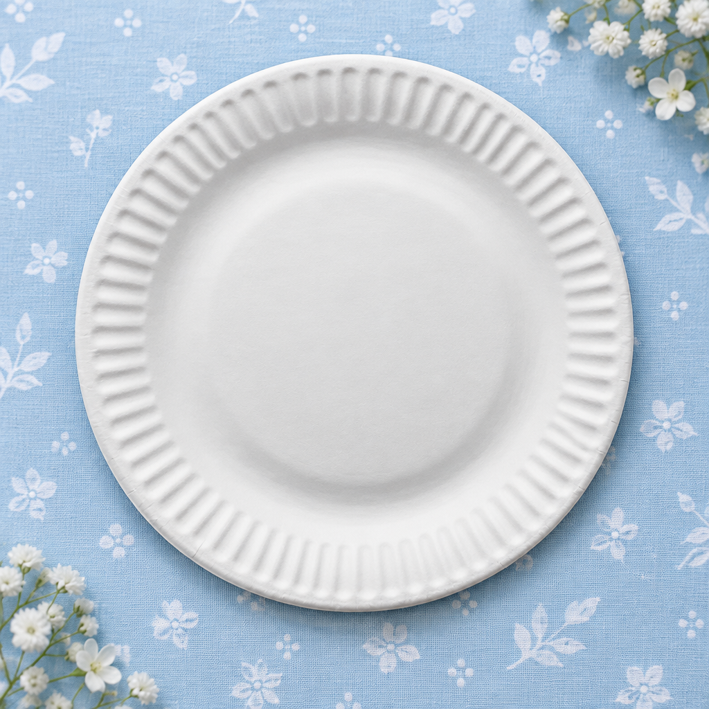 Hvid paptallerken på lyseblåt festbord