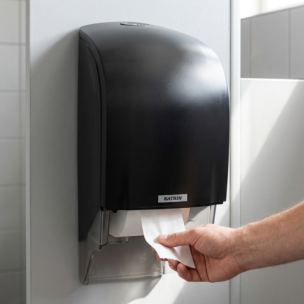 Hånd tager toiletpapir fra sort Katrin-dispenser
